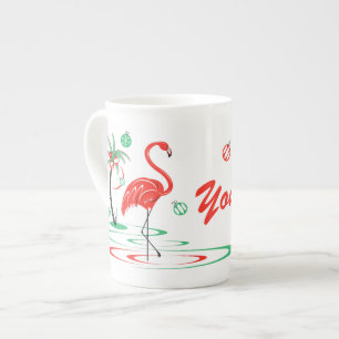 Caneca De Porcelana Red Christmas Flamingo Name bone china