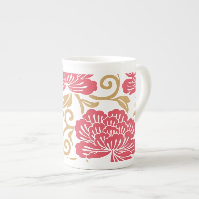 Caneca De Porcelana Red Dourado Japan Floral Kimono (Frente Esquerda)