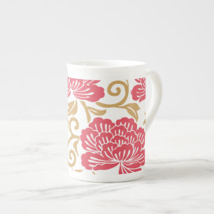 Caneca De Porcelana Red Dourado Japonês Floral Kimono