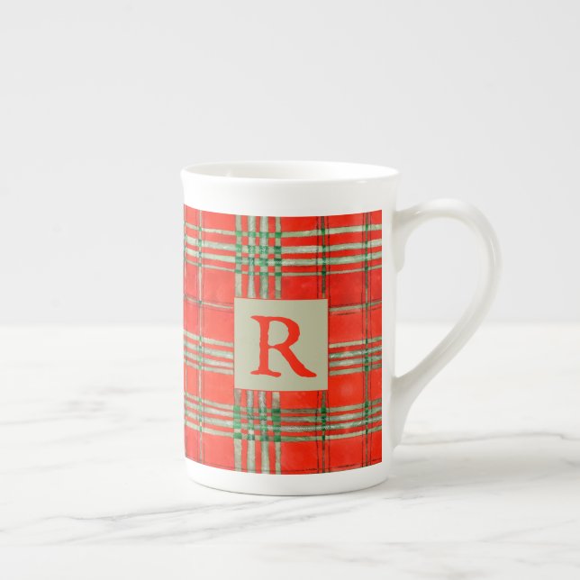 Caneca De Porcelana RED SCOTT TARTAN Bone China Mug + Inicial (Direita)