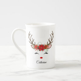 Caneca De Porcelana Rena de Natal Floral Nome Personalizado
