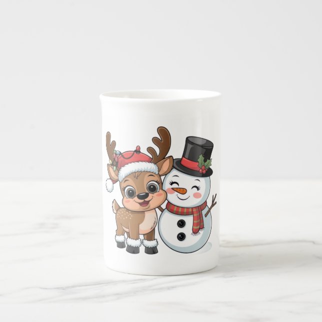 Caneca De Porcelana Rena de Natal Fofa & Boneco de Neve (Frente)