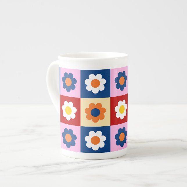 Caneca De Porcelana Retro Cute colorful Flowers Pattern  (Frente Esquerda)