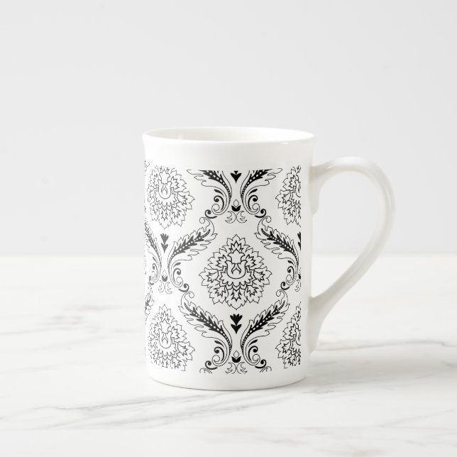 Caneca De Porcelana Rococo Damask Line Pattern Black on White (Direita)