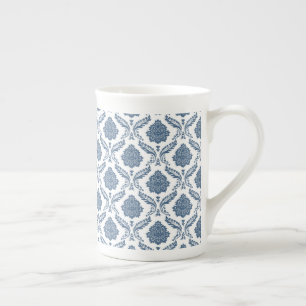 Caneca De Porcelana Rococo Damask Padrão Pequeno Azul no Branco