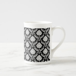 Caneca De Porcelana Rococo Damask Padrão Pequeno Branco no Preto