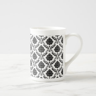 Caneca De Porcelana Rococo Damask Padrão Pq Preto no Branco