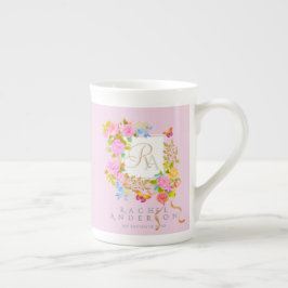 Caneca De Porcelana Românticos Monograma Jardim Florido Rosa