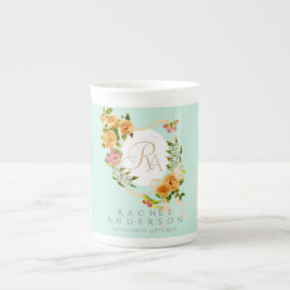 Caneca De Porcelana Rosa de Fita Dourada - Monograma Chic Verde