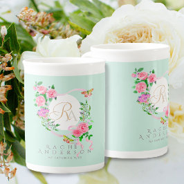 Caneca De Porcelana Rosa Rosa Rosa Rosa, Fita Chic Monograma Azul