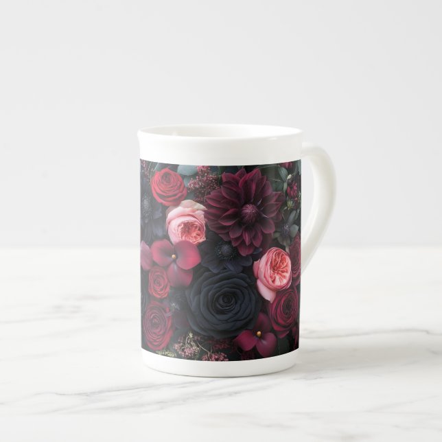Caneca De Porcelana Rosas de Disposição Floral Escuro Elegante (Frente Esquerda)
