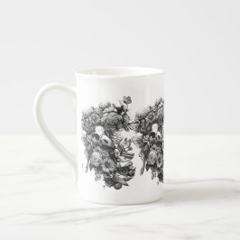 Caneca De Porcelana Rosas e Mariposas - Preto
