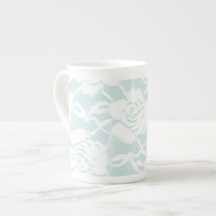 Caneca De Porcelana Rosas Florais de Renda Azul Menta Branco