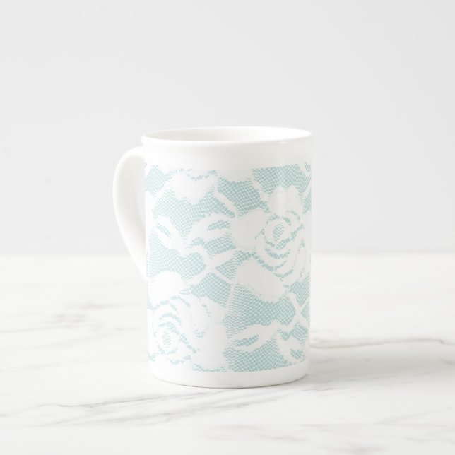 Caneca De Porcelana Rosas Florais de Renda Azul Menta Branco (Frente Esquerda)
