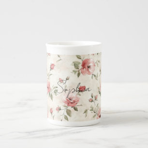 Caneca De Porcelana Rosas Florais Rosa Bege Marfim  