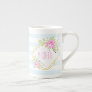 Caneca De Porcelana Rosas rosa-Rico-monograma Osso-do-mar-azul China M