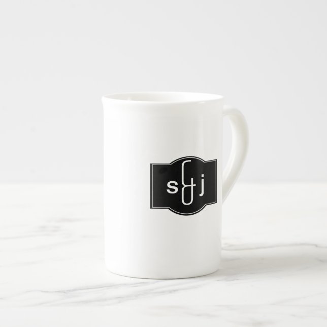 Caneca De Porcelana Rótulo Branco Preto Monograma (Frente Esquerda)