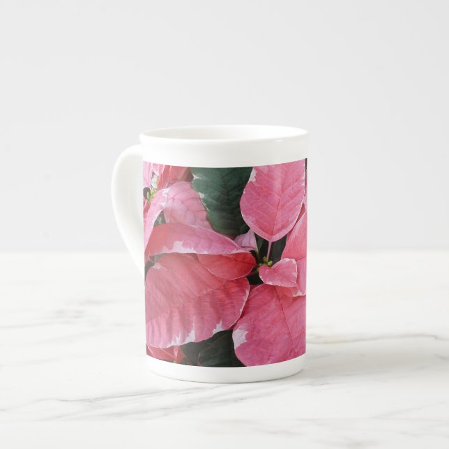 Caneca De Porcelana Silver Star Marble Poinsettias Feriado Rosa Floral (Frente Esquerda)