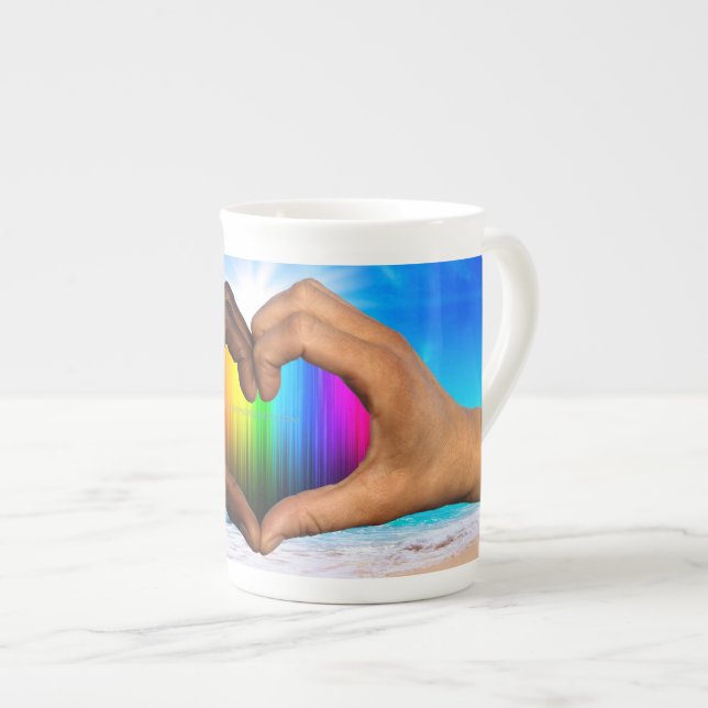 Caneca De Porcelana SlipperyJoe gradiente de arco-íris vibrante coraçã (Frente Esquerda)