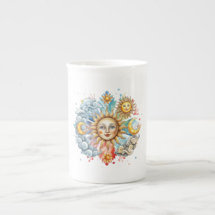 Caneca De Porcelana Sol, Lua e Estrelas Coloridos em Aquarela