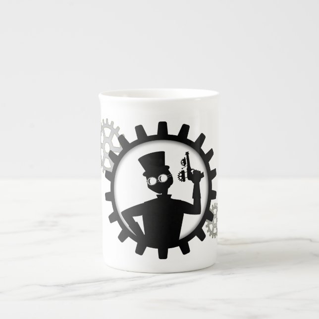 Caneca De Porcelana Steampunk Man Segurando Uma Arma Em Gear (Frente)