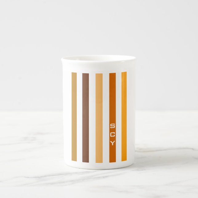 Caneca De Porcelana Tan Brown Orange Vertical Stripes Monograma (Frente)