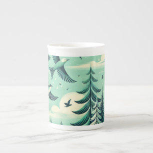 Caneca De Porcelana Teal Green Forest e Birds
