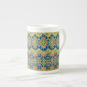 Caneca De Porcelana Tendy Ikat Colorful Ethnic Patterno on Blue