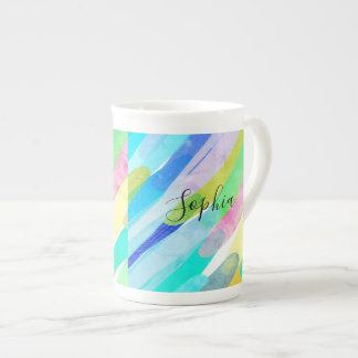 Caneca De Porcelana Traços Coloridos Diagonais, Nome, Arte Abstrata do