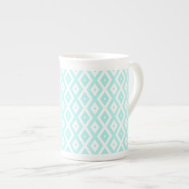Caneca De Porcelana Turquesa e padrão de diamante branco (Frente Esquerda)