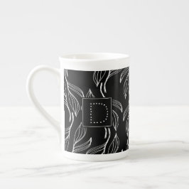 Caneca De Porcelana Verde Botânico Floral Preto e Branco Monograma