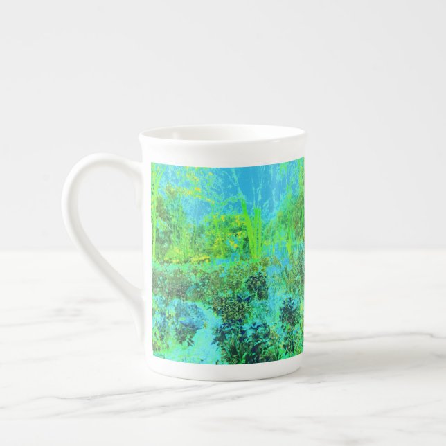 Caneca De Porcelana Verde limão Trippy e paisagem de jardim azul (Esquerda)