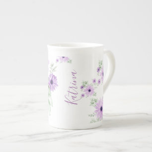 Caneca De Porcelana Verde Violeta Personalizado, Flores De Aquarela