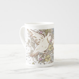 Caneca De Porcelana Vintage Adora Pássaros, Dois Pássaros Brancos Flor
