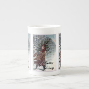 Caneca De Porcelana Vintage garota com árvore de Natal
