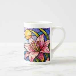 Caneca De Porcelana Vitraux Lírios e Libélulas Rosa