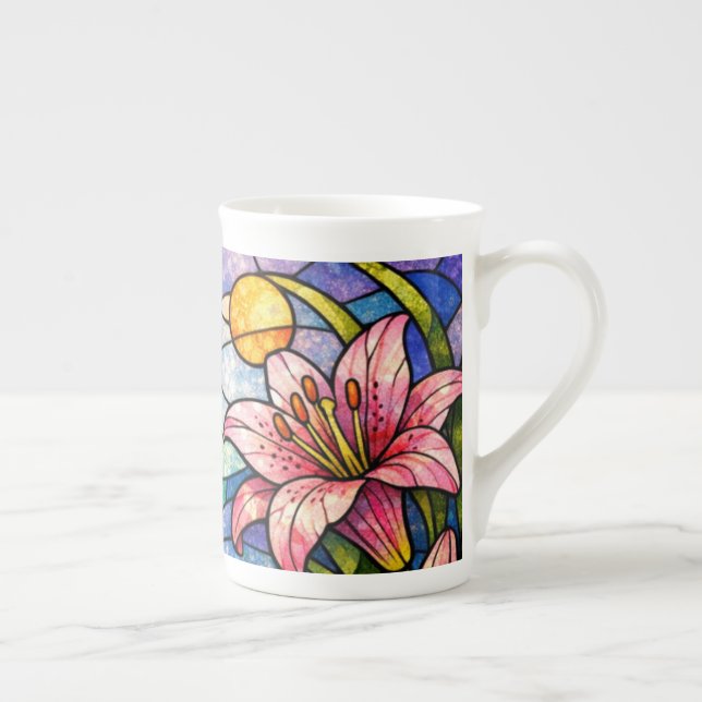 Caneca De Porcelana Vitraux Lírios e Libélulas Rosa (Direita)