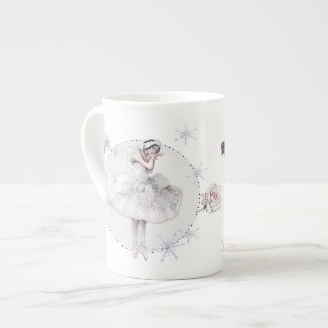 Caneca De Porcelana White Swan Ballerina com Rosas (Frente Esquerda)