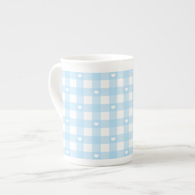 Caneca De Porcelana Xadrez Azul Pastel (Frente Esquerda)