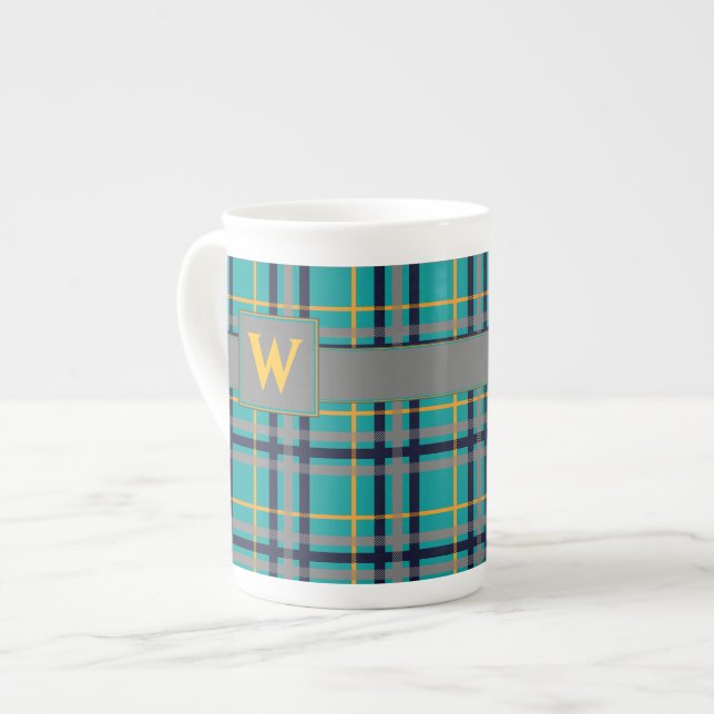 Caneca De Porcelana Xadrez de cor azul e laranja (Frente Esquerda)