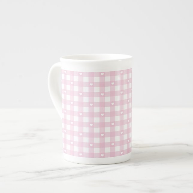Caneca De Porcelana Xadrez Rosa Pastel (Frente Esquerda)