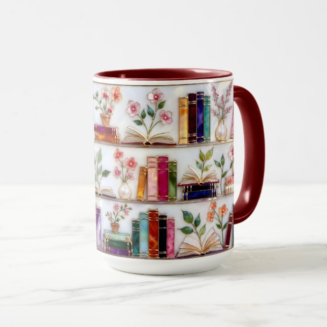 Caneca de Prateleira de Livros Florais no Estilo d (Frente Esquerda)