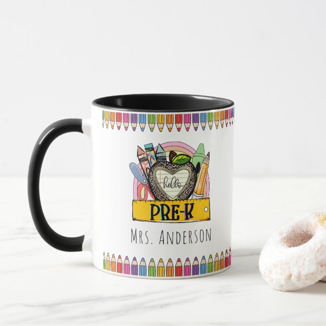 Caneca de Professor Lápis de Cor Arco-íris (Com Donut)