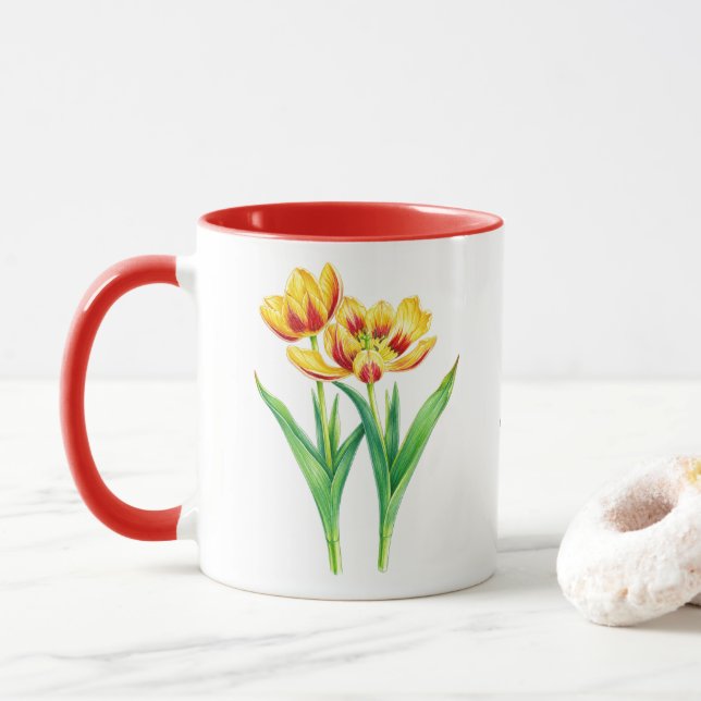 Caneca de Quadrinhos de Tulipas Amarelas e Vermelh (Com Donut)