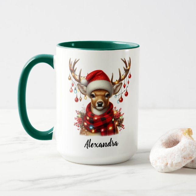 Caneca de rena de natal engraçada, nome personaliz (Com Donut)