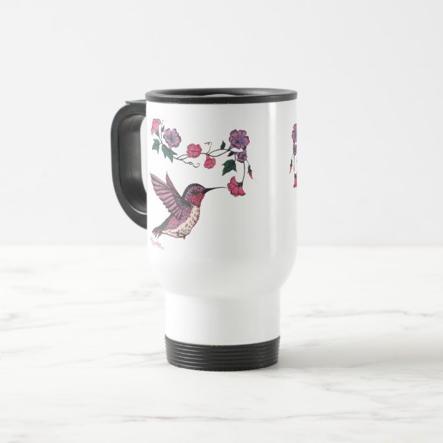 Caneca de viagem Adorável de Hummingbird e Flores (Frente Esquerda)