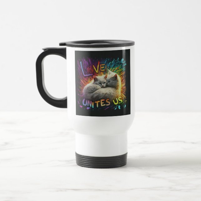 caneca de viagem "Amor nos une". (Esquerda)