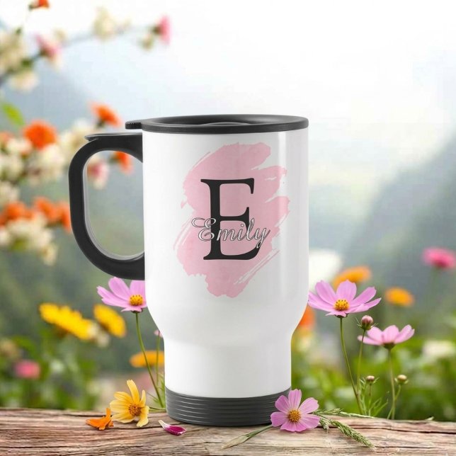 Caneca de Viagem com Monograma Personalizável e Ac (Fully customizable paint stroke monogram travel mug)