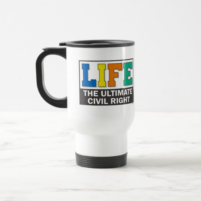 Caneca de viagem com uma mensagem pró-vida. (Esquerda)