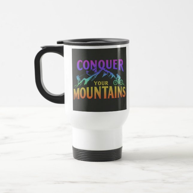 caneca de viagem "Conquiste Suas Montanhas". (Esquerda)